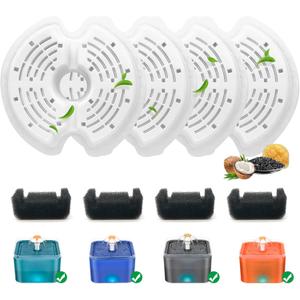 4 Pack Cat Water Fountain Filters with 4 Sponges, Pet Replacement Filters for 67oz/2L Pet Drinking Fountain Dog Water Dispenser