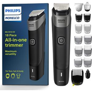 Philips Norelco Multigroom Series 5000 18 Piece, Beard Face, Hair, Body and Intimate Hair Trimmer for Men - NO BLADE OIL MG5910/49 (MG5910/49 - 18 Pieces, Black)