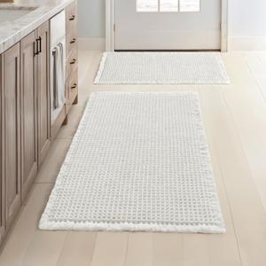 MIULEE Set of 2 Waffle Bathroom Rugs, Boho Bath Rugs Non Slip Washable, Super Absorbent Bath Mats, Ultra Soft Rubber Backed Shower Mats for Bathroom Floor, Tub, White, 17"x24"+18"x30"