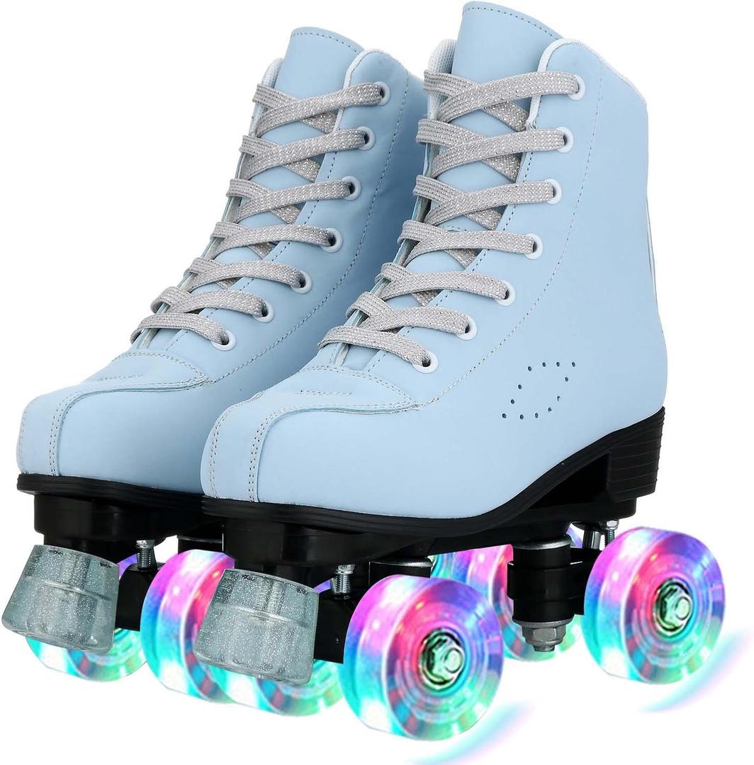 Comeon Roller Skates for Women PU Leather Roller Skates High-Top Leather for Beginners Teens for Woman,Girls and Boys,Adult (34=US 5.5, Light Blue Flash)