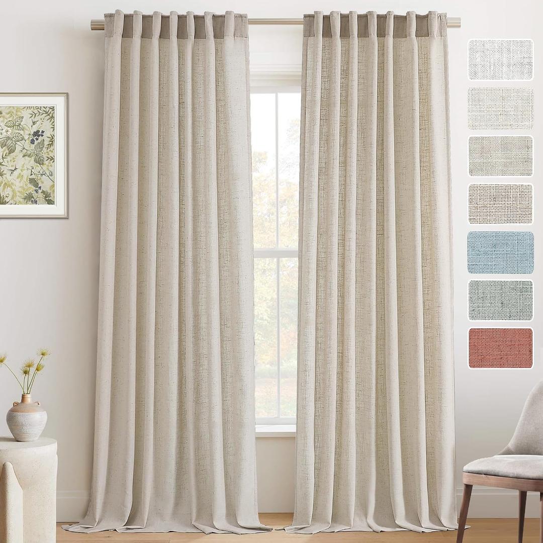 Semi Sheer Linen Curtains 84 Inches Long for Living Room Natural Colored Light Filtering Window Treatment Panels Back Tab/Rod Pocket Neutral Drapes for Bedroom/Farmhouse, 2 Panel 7 FT