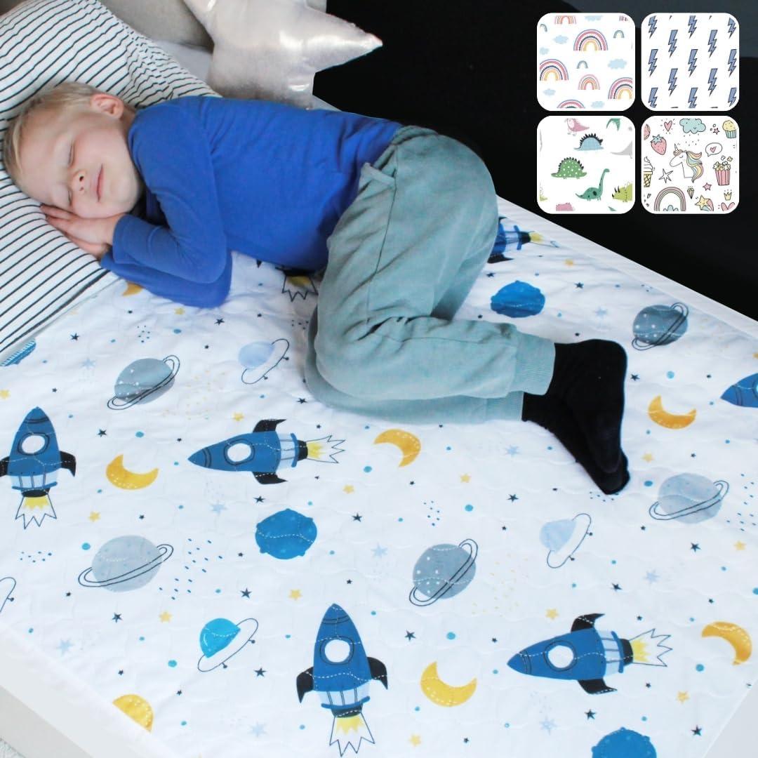 Hygge Sheets Potty Training Pee Pads for Kids, Toddlers - 2 Pack - 100% Waterproof, Non Slip Bed Wetting Pad for Twin Beds - Washable, Reusable Mattress & Sheet Protector - Space