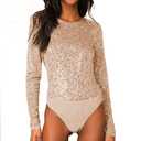 JWJP&CCYIQI Long Sleeve Sequin Bodysuit Glitter Sparkle One Piece Top with Sheer Mesh Thong ,S