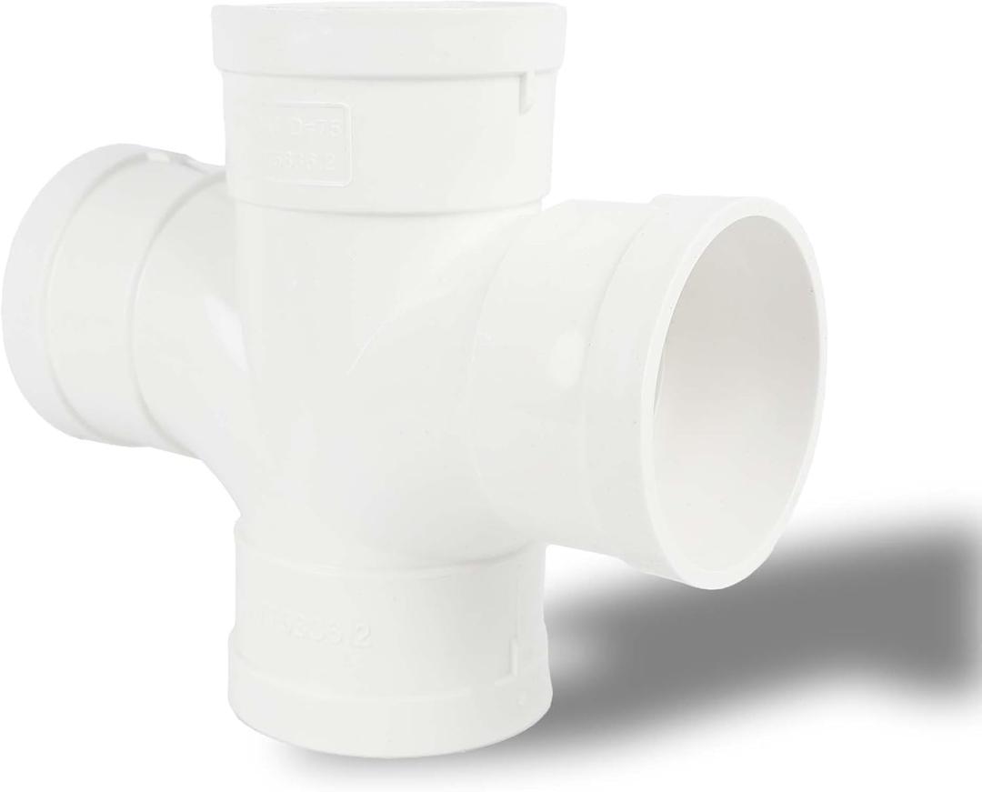 3-Inch 4-Way Double Sanitary Tee Pipe, PVC DWV Fitting for Drain/Sewer/Waste/Vent Systems, Corrosion-Resistant & Leak-Proof Double Socket Connection