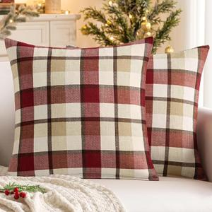 MIULEE Pack of 2 Decorative Throw Pillow Covers Checkered Plaids Tartan Linen Rustic Farmhouse Square Cushion Case for Bench Sofa Couch Car Bedroom Coffee and Brown 18x18 inch 45x45 cm