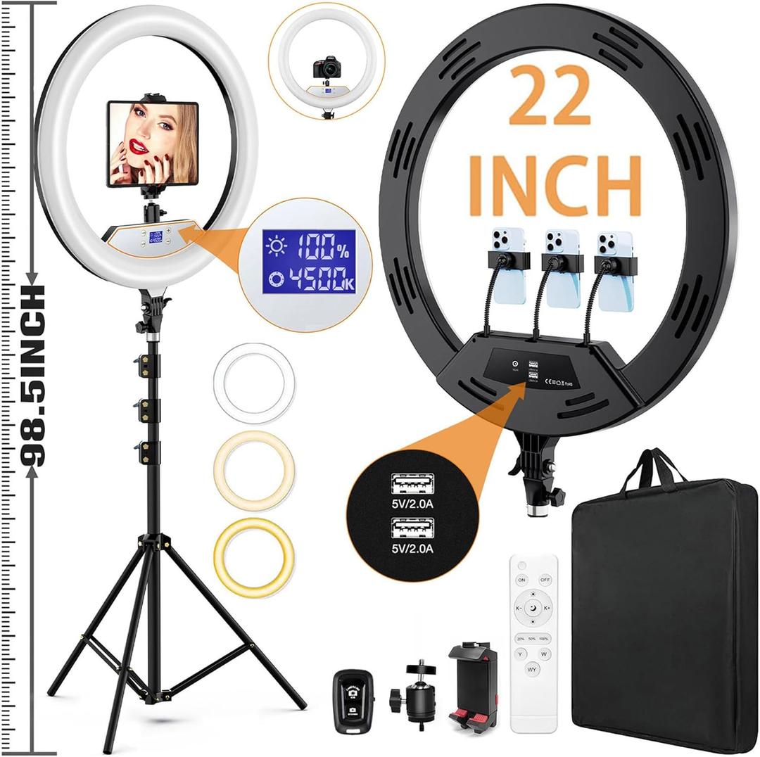 22" LED Ring Light, with 75" Tripod/LCD Display/3 Phone Clips/ 2 USB Ports/Wireless Remote, Adjustable 2600K-6500K Color Temperature, for YouTube Facebook Live TikTok Video Recording Vlog