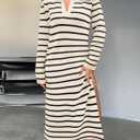 Saodimallsu Womens Striped Sweater Dress Fall Chunky Knit V Neck Collared Long Sleeve Sexy Slit Loose Midi Dresses (Medium, Beige)