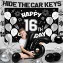 16th Birthday Party Decorations for Boys, Black White 16th Party Supplies with Hide The Car Keys Banner Black 16th Number Balloons Happy 16th Birthday Banner Cake Topper for Boys Girl Birthday Decor