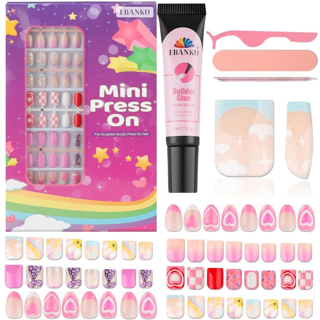 130 Pieces Press on Nails for Kids, EBANKU 5 Pack Kid Fake Nail Kit Old Cute Flower Mermaid Heart Press on Nails for Girls 8-12 Years with Jelly Nail Adhesives & Nail Builder Glue
