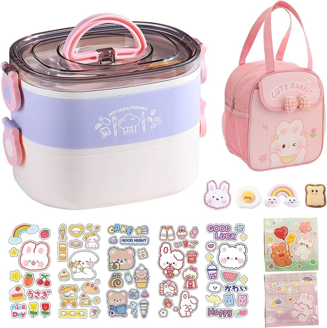 Kawaii Bento Box Bento Lunch Box with Lunch Bag,Tableware,Biscuit bags,2 Layers Stacked Leakproof Cute Lunch Box,for Travel,Office,Gym. (purple)