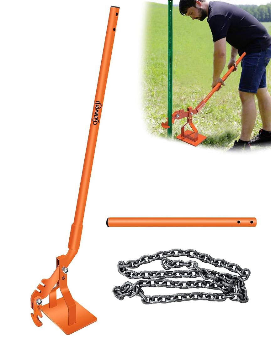Dual-Purpose Fence Post Puller, Portable T Post Stake Puller Tool, Fit for Small Wood Piles Steel Bars Fences T-Post Concrete Stake, 2 Types of Clips + Iron Chain