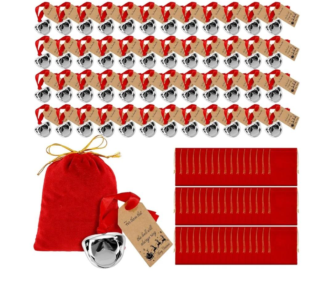 Duraaamo 60 Sets Christmas Polar Themed Party Gifts Bulk Believe Bell Ornaments Santa Sleigh Bells Christmas Train Party Gifts Stocking Stuffers Holiday Decoration for Xmas Tree Home (Silver)