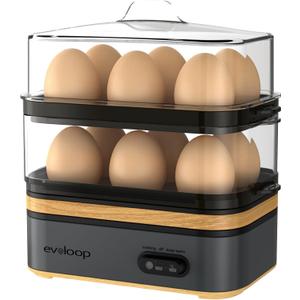 Evoloop Rapid Egg Cooker Electric 12 Eggs Capacity, Soft, Medium, Hard Boiled, Poached, Omelet Maker Egg Poacher & Vegetable Steamer, BPA Free Tray(Grey)