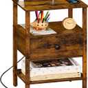 Lerliuo Nightstand with Charging Station and USB Ports, 3-Tier Storage End Table with Drawer Shelf, Night Stand for Small Spaces, Wood Bedside Table for Living Room, Bedroom - Retro Brown (set 1)