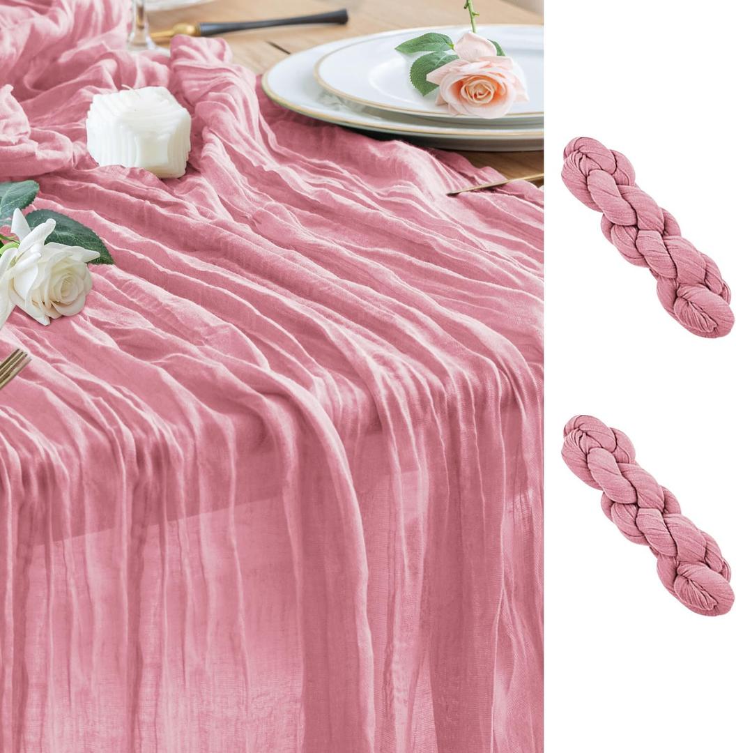 Wokceer Pink Cheesecloth Table Runner Valentine's Day 2Pack 10FT Boho Gauze Cheese Cloth Table Runner for Party Long Rustic Easter Sheer Runners for Baby Bridal Shower Wedding Decor