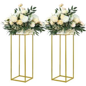 YALLOVE 2 Pack 23.75 Inch Gold Wedding Flower Stand Metal Vase Column Stand Geometric Centerpiece Vase for Home Party Wedding Decorations, Rectangular Flower Display Rack
