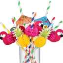 Haundry 100PCS Luau Party Cocktail Straws, 3D Honeycomb Flamingo Fruit Umbrella Paper Straws with Pineapple Straws, Disposable Tropical Drinking Straws for Hawaiian Pool Summer Party