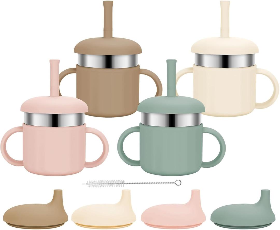 Baby Sippy Cups, 7.4 Oz Stainless Steel Training Cup with Silicone Straws, 3 Stages for Infants Toddlers 6-12 Month and Kids 1-3 Year, 4 Colors (Pink+Green+Beige+Brown)