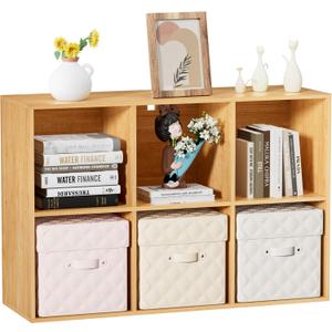 Wood 6 Cube Storage Organizer, 11 in Cube Shelf, Oak Cubby Storage Organizer with Back Panel & Open Compartments, Vertical or Horizontal Cube Bookshelf Bookcase for Living Room, Bedroom, Entryway