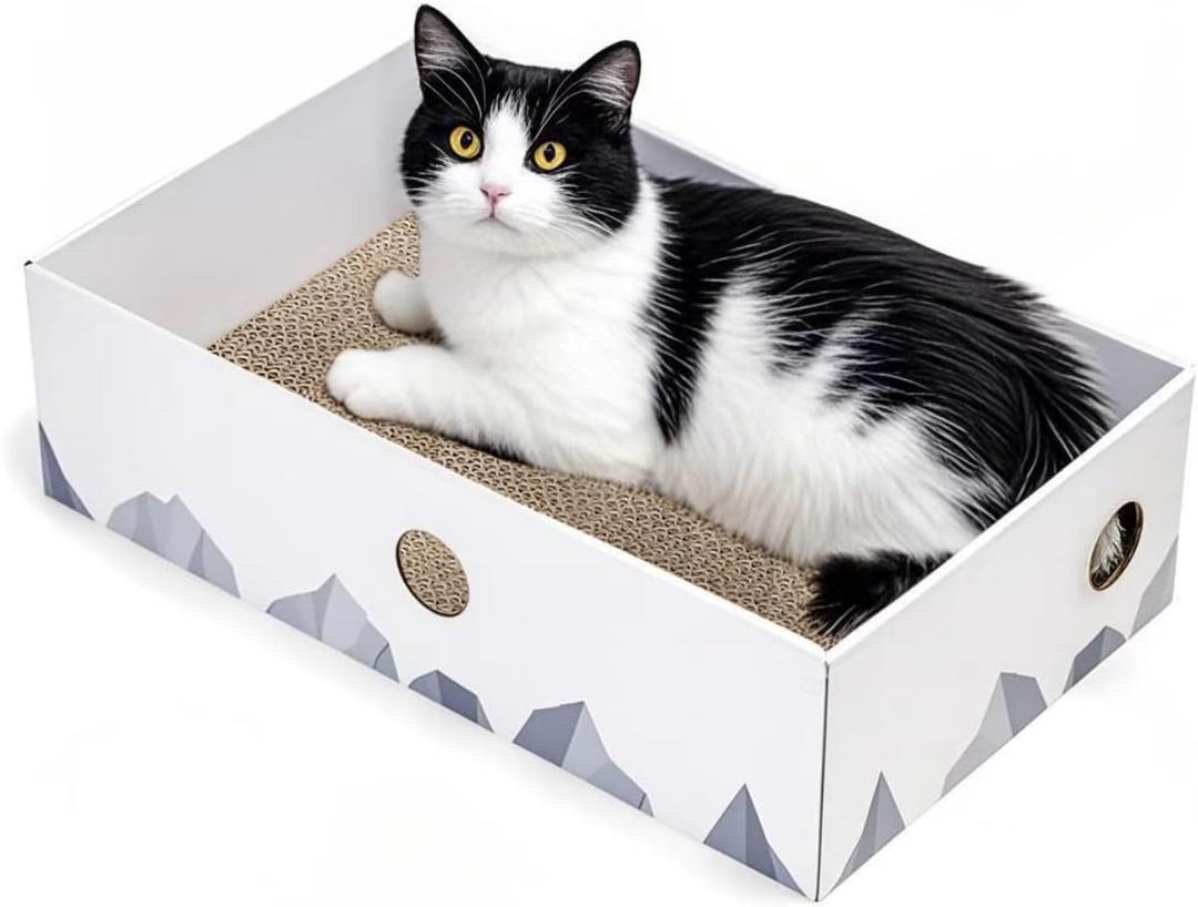 Cat Scratcher Box with Heavy-Duty Double-Sided Cardboard Pad, Cardboard Lounger, Interactive Hole Design, Cat Bed for Indoor Cats, White, Large (L-1 Pack)