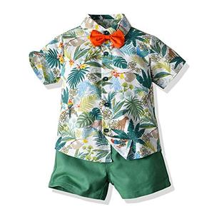 JunNeng Toddler Baby Boy Shorts Sets Hawaiian Outfits,Tropical Floral Short Sleeve Shirt +Elastic Shorts Vacation Clothes,Light Green 18-24 Months