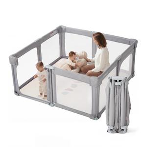 Baby Playpen Portable, Pre-Assembled Play Pen 59x59 Large Foldable Playpen for Babies and Toddlers, Sturdy and Safe Toddler Play Yard Indoor Outdoor with Carry Bag,Grey
