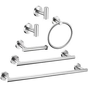 6 Pieces Brushed Nickel Bathroom Hardware Accessories Set Hand Towel Ring 16&23.6 inch Round Towel Bar Silver Toilet Paper Holder Towel Hooks 2 Pieces SUS 304 Stainless Steel,Heavy Duty,Wall Mounted