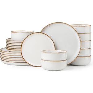 Herogo 24 Pieces Stoneware Dinnerware Dishes Set for 8, Kitchen Handmade Dining Plates and Bowls Sets, Double Reactive Glaze, Microwave & Dishwasher Safe, Scratch Resistant, Ivory White