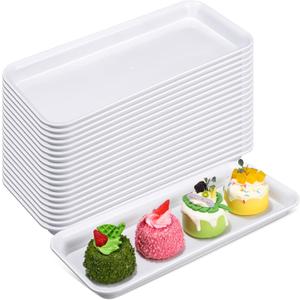 20 Pcs Serving Platters 14 x 6 Inch Rectangle Serving Trays Reusable Food Tray Dishes Dessert Trays Plastic Plates for Wedding Home Table Thanksgiving Christmas Party(White)