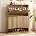 31.5''W Oak Shoe Storage Cabinet for Entryway with 2 Flip Drawers, Narrow Wood Fluted Shoe Rack Cabinet,Freestanding Slim Shoe Organizer Cabinet for Foyer, Hallway