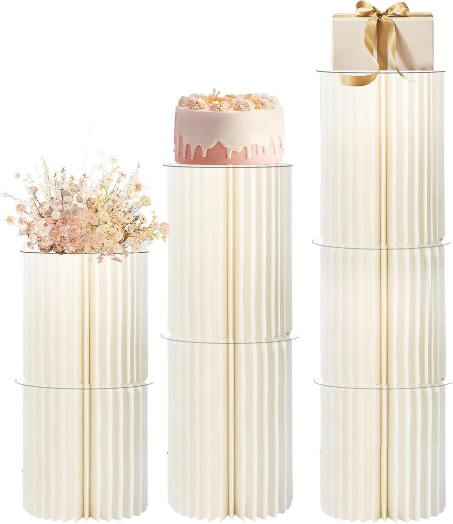 Cylinder Stands for Party Set of 3 Paper Pillars Pedestal Cake Stand Foldable Cardboard Columns Cylinder Table for Parties Baby Shower Birthday Wedding Pillars Display Decoration