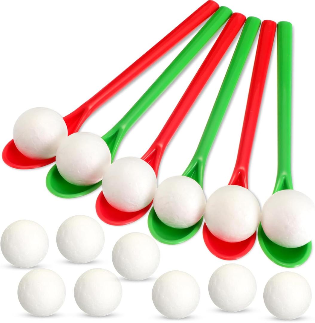 48 Pack Christmas Spoon Race Game Set Carnival Game Field Day Games Christmas Xmas Snowball and Giant Spoons Game Balance Relay Games for Adults Christmas Indoor Outdoor Yard Lawn Party