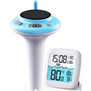 NoWoW Solar Pool Thermometer Floating Easy Read, IPX8 Waterproof Wireless Digital Thermometer with Indoor Thermometers for Swimming Pool, Spa, Aquarium, Cold Plunge, Hot Tub, Pond