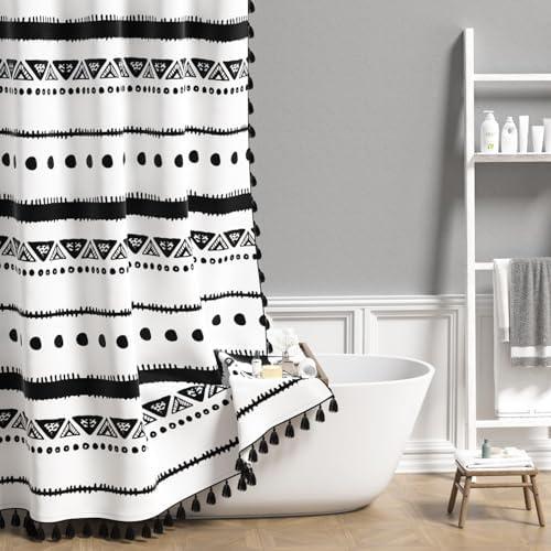 AOFOTO Boho Shower Curtain Black Striped Geometric Pattern Shower Curtains for Bathroom Tassel Bohemian Shower Curtain Modern Bathroom Home Decor with Hooks Waterproof 72x72 Inches
