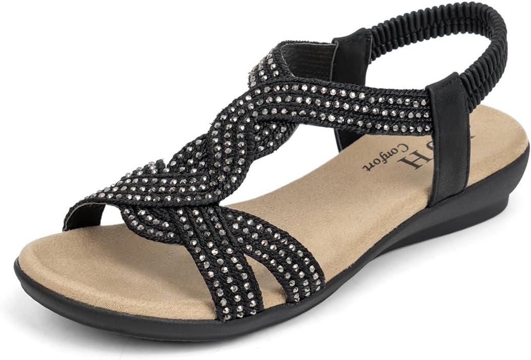 VJH confort Women's Flat Sandals Rhinestone Stretchy Strap Low Wedge Comfy Dressy Walking Sandals, 12