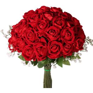 30PCS Long Stem Artificial Red Roses with 2PCS Baby's Breath, Fake Velvet Silk Rose Bulk Faux Flower for Wedding Home Decor Valentine's Day Party Floral Arrangement