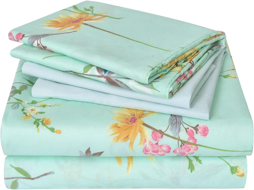 JSD 6 Piece Green Floral Sheet Set King Size, Soft Botanical Printed Microfiber Bed Sheets Extra Deep Pocket
