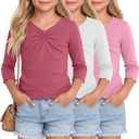 3 Pack Girl's 3/4 Sleeve V Neck Tops | Casual, Chest Ruched Tees, Regular Fit Shirts, Kids, School Day, Layering, Daily Wear, 5-14 Years
