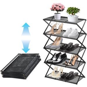 Shoe Rack for Entryway 5 Tier Foldable Shoe Rack Without Assembly Collapsible Metal Shoe Organizer Folding Shoe Storage Rack for Door, Living Room, Black (X Shape(black))