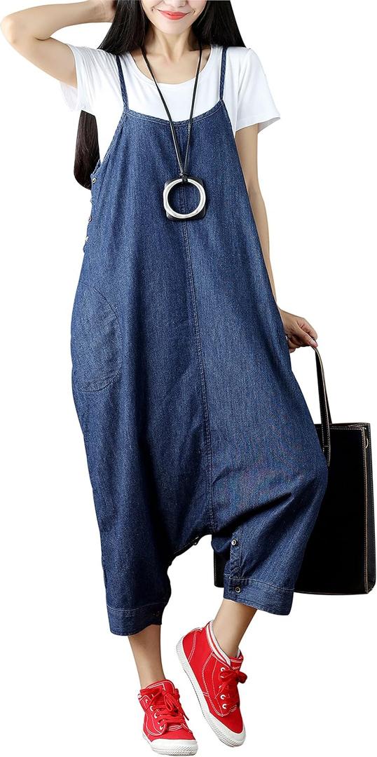 Yeokou Women's Loose Baggy Denim Wide Leg Drop Crotch Jumpsuit Rompers Overalls, One Size
