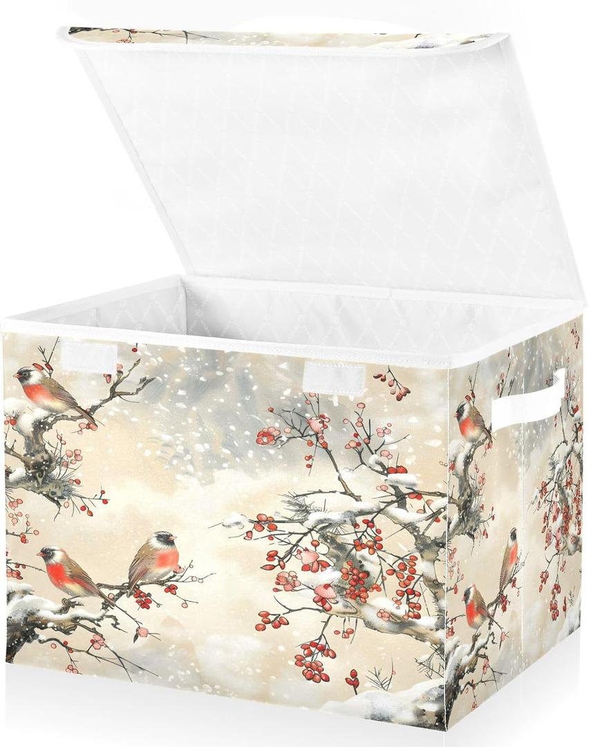 Large Storage Bins with Linen Collapsible Foldable Storage Cubes Fabric Closet Organizer Containers box with Flip-Top Lid for Home Bedroom Office 16.7 x 12.6 x 11.8in (Pattern Color Bird Tree Fruit)