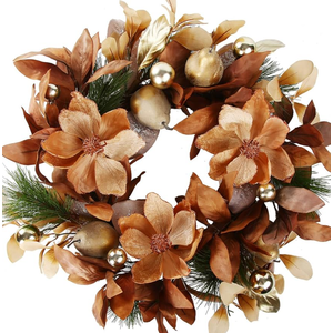 BINFEN 24" Winter Wreaths for Front Door, Gold-Brown Leaves Balls Pears Magnolia Flowers Christmas Wreath, Door Reef for Windows Fireplaces Walls, Front Porch Indoor and Outdoor Decor