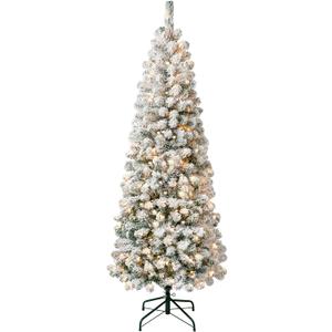 National Tree Company 6 ft Pre-Lit Flocked Acacia Slim Artificial Christmas Tree, 250 Clear Lights, 512 Tips, Includes Stand, Green