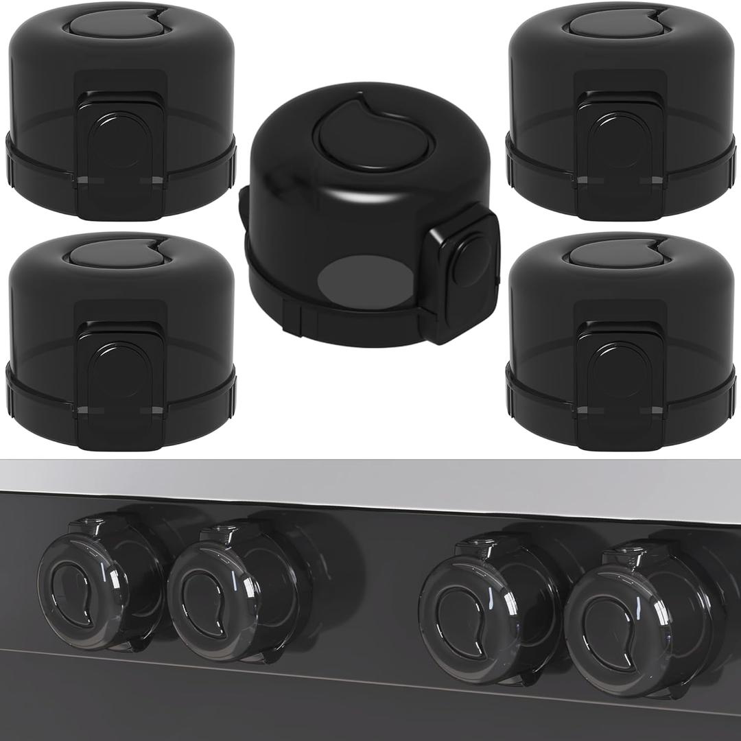 Stove Knob Safety Covers for Child Baby Proofing Kitchen Oven Knob Locks Universal Gas Burners Childproofing (5-Pack) (Black - Translucent)