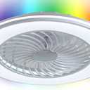 Low Profile Ceiling Fans with Lights, 24" Caged Modern Flush Mount Ceiling Fan with LED Light, Housing Finish White, RGB Back Light