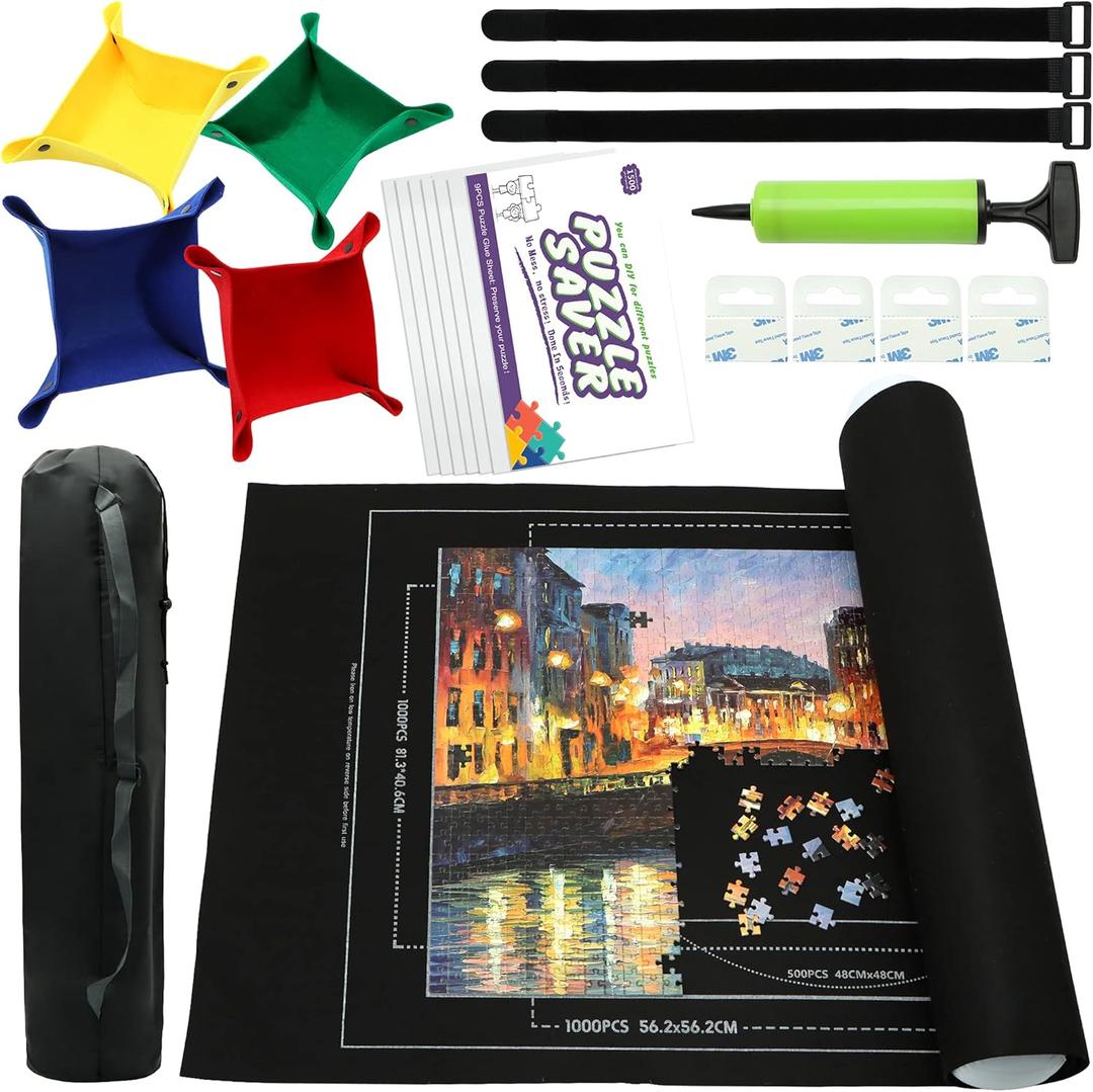 Portable Puzzle Mat Roll Up - with 9 Glue Sheets, Sorting Trays, Hand Pump, Inflatable Tube, and Storage Bag - Perfect for Kids and Adults (Black, 1500pcs)