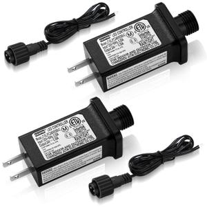 2 Pcs Class 2 Power Supply with 2 Extension Cord LED Transformer Replacement for Christmas String Lights LED Controller IP44 Waterproof Low Voltage Transformer(24v 7.2w)