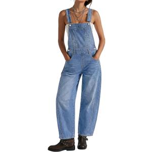 luvamia Denim Overalls for Women Barrel Leg Baggy Loose Fit Bib Stretchy Jean Jumpsuit Adjustable Strap Casual Overall (Medium, Medium Blue)