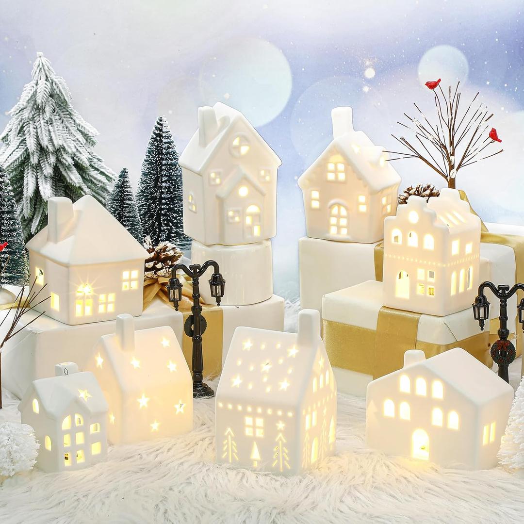 Cindeer 26 Pcs Ceramic Christmas Village Set 8 LED Christmas Village Houses 16 Xmas Trees Farmhouse 2 Lamp Post Scenes Decor White Tabletop Decoration(Classic)