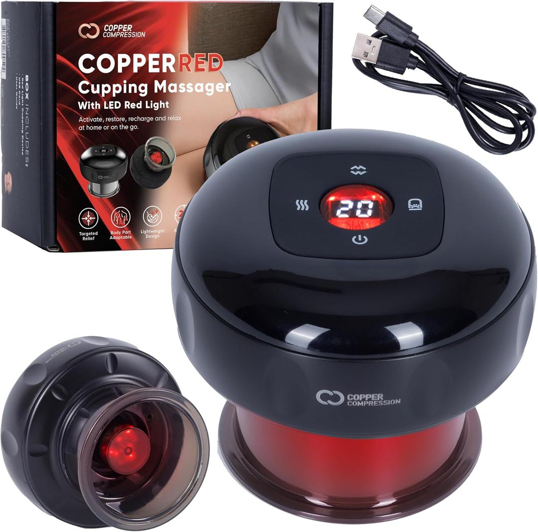 CopperRed by Copper Compression Cupping Massager. Red Light Therapy + Heat + Suction for Muscle Comfort, Joint Support, Circulation, Wellness, Pain & Relief. Multifunction, Adjustable & Rechargeable
